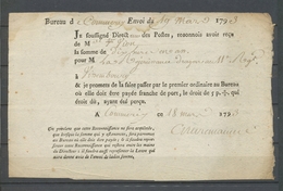 1793 POSTES, Reçu De 10 Livres Pour Wissembourg, De Commercy, Rare X4932 - 1701-1800: Precursores XVIII