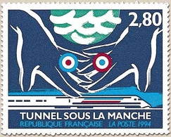 Inauguration Du Tunnel Sous La Manche. 2f.80 Mains Britannique Et Française Sous La Mer Et Au-dessus Du TGV Y2881 - Ungebraucht