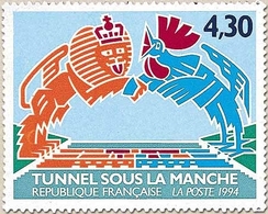 Inauguration Du Tunnel Sous La Manche. 4f.30 Lion Britannique, Coq Gaulois Se Serrant La Main Par-dessus La Manche Y2882 - Unused Stamps