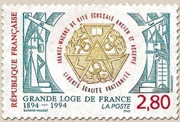 Centenaire De La Grande Loge De France. Symboles Maçonniques  2f.80 Bleu-vert, Rouge Et Ocre Y2912 - Unused Stamps