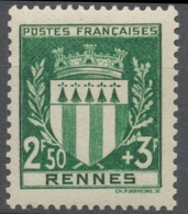 Au Profit Du Secours National. Armoiries De Ville (I) Rennes. 2f.50+3f. Vert-jaune Neuf Luxe ** Y534 - Ongebruikt