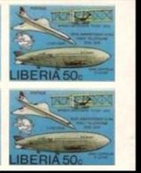 LIBERIA 1976 UNIVERSAL POSTAL UNION Concorde Zeppelin 50c MARG.IMPERF.PAIR Biplane  USA-related - Luchtballons