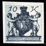 LIECHTENSTEIN (1920) Coat Of Arms. Cherubs. Imperforate Trial Color Proof In Slate. Scott No 46. - Prove E Ristampe