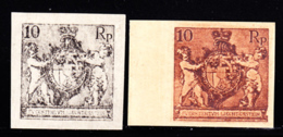 LIECHTENSTEIN (1921) Coat Of Arms. Cherubs. Set Of 2 Imperforate Trial Color Proofs In Unissued Colors. Scott No 59. - Ensayos & Reimpresiones
