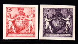 LIECHTENSTEIN (1921) Coat Of Arms. Cherubs. Set Of 2 Imperforate Trial Color Proofs In Unissued Colors. Scott No 61. - Ensayos & Reimpresiones