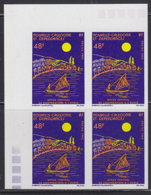 NEW CALEDONIA (1982) Native Sailboat. Full Moon. Imperforate Corner Block Of 4. Scott No 481, Yvert No 464. - Ongetande, Proeven & Plaatfouten