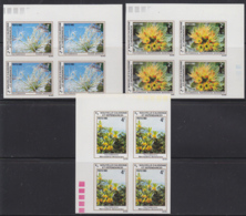 NEW CALEDONIA (1983) Caledonian Flowers. Set Of 3 Imperforate Corner Blocks Of 4. Scott No 483-5, Yvert No 469-71. - Ongetande, Proeven & Plaatfouten