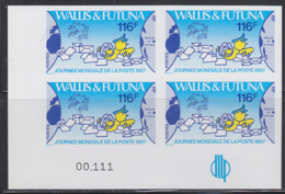 WALLIS & FUTUNA (1987) Letters. Birds. Imperforate Corner Block Of 4. World Post Day. Scott No 362, Yvert No 368. - Geschnittene, Druckproben Und Abarten