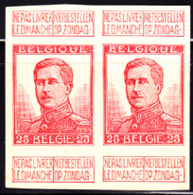 BELGIUM (1912) King Albert I. Trial Color Proof Pair Of 25c Stamp In Red. Scott No 105. - Proofs & Reprints