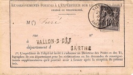 1886- Avis D'expédition N° 514 De VALLON-s-GEE ( Sarthe ) Cad T18 Sur Sage 10 C - 1921-1960: Modern Period