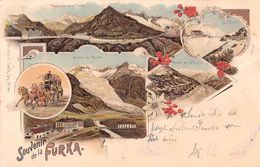 Souvenir De La Furka - Diligence - Glacier Du Rhône - Restaurant - Route - Litho - Hotel Furkablick Passhöhe Uri - Autres & Non Classés