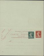 Entier CP Semeuse 10 Ct Rouge Storch E5 Avec Réponse Payée + Complément YT 159 Date 405 - Standard Postcards & Stamped On Demand (before 1995)