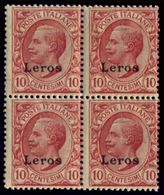 ITALIA ISOLE DELL'EGEO LERO 1912 10 C. (Sass. 3) QUARTINA NUOVA INTEGRA ** - Egeo (Lero)