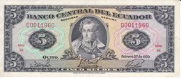 BILLETE DE ECUADOR DE 5 SUCRES DEL AÑO 1970 EN CALIDAD MBC (VF) (BANKNOTE) - Ecuador