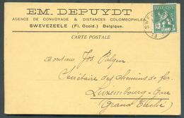 BELGIUM N°110 - 5c. Pellens Obl. Sc. SWEVEZEELE Sur Carte Imp. Em. DEPUYDT Agence De Convoyage Et Distances Colombophile - Pigeons & Columbiformes