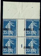 FRANCE - N° 140 - 25c Bleu Semeuse - Cours D'Instruction MILLESIME 1 De 1911 Avec Surcharge DEPLACE En Bloc De 4. - Unused Stamps