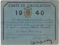 Guerre De 1940   Carte De Circulation Voiture De Armand Weil Picard Av Victor Hugo Paris  Occupation - Documentos Históricos