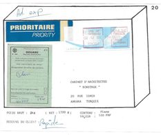 TIMBRE DISTRIBUTEUR 75 FRANCS LYON CRF MONTESQUIEU ETIQUETTE DOUANE POUR ANKARA TURQUIE - Andere & Zonder Classificatie