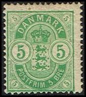 1884. Coat-of Arms. Large Corner Figures. 5 Øre Green. Perf. 14x13½ (Michel 34YA) - JF362828 - Neufs