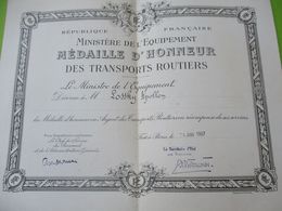 Militaria/Diplôme / Médaille D'Honneur Des Transports Routiers/Ministère De L'Equipement LOSSKY/1967          DIP224 - Dokumente