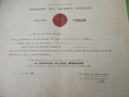 Militaria/Diplôme/Droit De Porter L'Insigne Des Donneurs De Sang Bénévoles/Ministère Affaires Sociales/LILLE/1966 DIP243 - Documentos