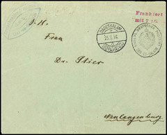 Vorausfrankatur Dienstsiegel "KAISERL. DEUTSCHES POSTAMT DAR-ES-SALAAM", L2 "Frankiert / Mit 7 1/2 H." Rotviolett, Von K - África Oriental Alemana