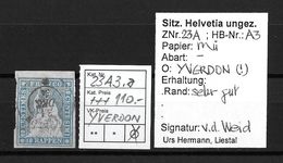 1854-1862 Helvetia (ungezähnt) → Strubel Mit 2 Kreisstempel YVERDON       ►SBK-23A3.a / Weissrandig, Bogenrand◄ - Gebraucht