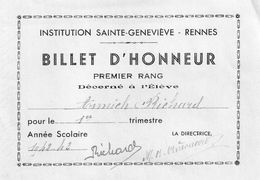 Billet D'Honneur Premier Rang, Institution Sainte Geneviève Rennes, 1942/43 - Diplome Und Schulzeugnisse