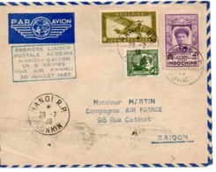 ENVELOPPE  PAR AVION  1ere LIAISON POSTALE AERIENNE HANOI SAIGON  30 Juillet 1938     AIR FRANCE      VOIR LES SCANS - Covers & Documents