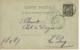 1896 - Carte Entier Postal Tp Sage 10ct Noir Sur Vert Clair - Date 449 - Vorläufer
