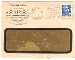 PARIS Tri N° 1 Lettre Entête Vins En Gros JONINON Port De Bercy 15 F Gandon Bleu Yv 886 Ob 24 3 1953 - Covers & Documents