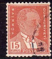 TURCHIA TURKÍA TURKEY 1931 1942 1932 MUSTAFA KEMAL PASHA ATATURK  15k USATO USED OBLITERE' - Oblitérés