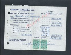 DOCUMENT COMMERCIAL 1985 DE CARNEIRO & MIRANDA GIAO VILA DO CONDE SUR TIMBRES FISCAUX DU PORTUGAL : - Covers & Documents