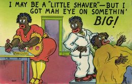 Black Americana, Barber, "I Got Mah Eye On Somethin Big!" (1930s) Postcard 927 - Black Americana