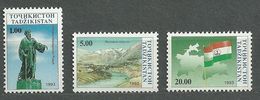 Tajikistan, 1993 (#15,16,18a), Independence, Persian Poet Rudaki Statue, Landscapes, Mountains, Rivers, Flags, Maps - 3v - Sonstige