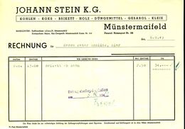 Münstermaifeld Maifeld Eifel Rechnung Facture 1949 Deko " Johann Stein KG Kohlen Düngemittel Holz Koks Kleie " - Trasporti