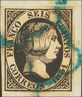Fragmento 6. 1851. 6 Cuartos Negro, Sobre Fragmento. Matasello ARAÑA, En Azul. MAGNIFICO. - Autres & Non Classés