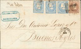 Sobre 107(3), 109. 1871. 50 Mils Ultramar, Tres Sellos Y 200 Mils Castaño. BARCELONA A BUENOS AIRES (ARGENTINA). MAGNIFI - Other & Unclassified