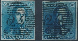 [O TB] N° 2, Lot De 2 Ex Obl 'P24' Bruxelles. Bleu Et Bleu Foncé. Superbe Lot - 1849 Epaulettes