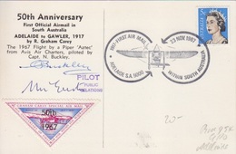 CP Spéciale 50° Ann. Du 1°Vol Adelaide - Gawler, Obl. Illustrée Avion Le 23Nov67 + Signature Et Vignette G. Carey - First Flight Covers