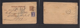 Argentina - Stationery. 1892 (22 March) Buenos Aires - Leipzig, Germany (20 April) 1/2c Brown Stat Wrapper + 2c Adtls, T - Other & Unclassified