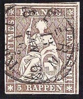 Schweiz Suisse 1857: III.Periode Faden Grün Fil Vert 5 RAPPEN Zu 22G Mi 13IIBym Yv 26 O BERN 13 JAN 1862 (Zu CHF 30.00) - Gebraucht