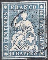 Schweiz Suisse 1858: III.Periode Faden Grün Fil Vert 10 RAPPEN Zu 23G Mi 14IIBym Yv 27 OERLIKON 25 JUL 59 (Zu CHF 30.00) - Gebraucht