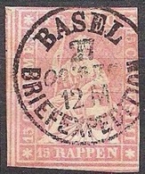 Schweiz Suisse 1858: III.Periode Faden Grün Fil Vert 15 RAPPEN Zu 24G Mi 15IIBym Yv 28 O BASEL 10 DEC 60 (Zu CHF 75.00) - Gebraucht