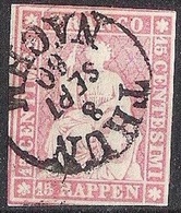 Schweiz Suisse 1858: III.Periode Faden Grün Fil Vert 15 RAPPEN Zu 24G Mi 15IIBym Yv 28 O THUN 8 SEPT 60 (Zu CHF 75.00) - Gebraucht