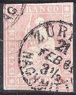 Schweiz Suisse 1858: III.Periode Faden Grün Fil Vert 15 RAPPEN Zu 24G Mi 15IIBym Yv 28 O ZÜRICH 21 FEB 61 (Zu CHF 75.00) - Gebraucht