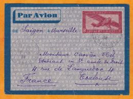 1934 - Enveloppe Entier Postal Poste Aérienne PAR AVION - 36 Centimes - Saigon - Toulouse Via  Marseille - Cartas & Documentos