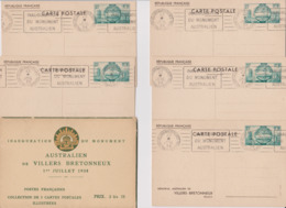 5 CARTES AVEC POCHETTE INAUGURATION DU MONUMENT AUSTRALIEN VILLERS - BRETONNEUX 22 JUILLET 1938 - Verzamelingen En Reeksen: PAP