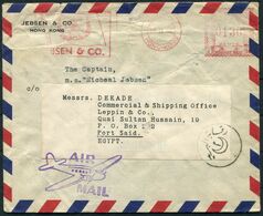 1956 Jebsen & Co. Franking Machine Airmail Cover - Capt. Hansen, M.S. MICHEAL JEBSEN Ship,Port Said Egypt, Mackerel Fish - Storia Postale