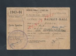 CARTE DE LA FÉDÉRATION FRANÇAISE LICENCE DE BASKET BALL DE HUGON PAUL ALÉS ( PARIS ) SAISON 1943/44 AVEC CACHET : - Other & Unclassified